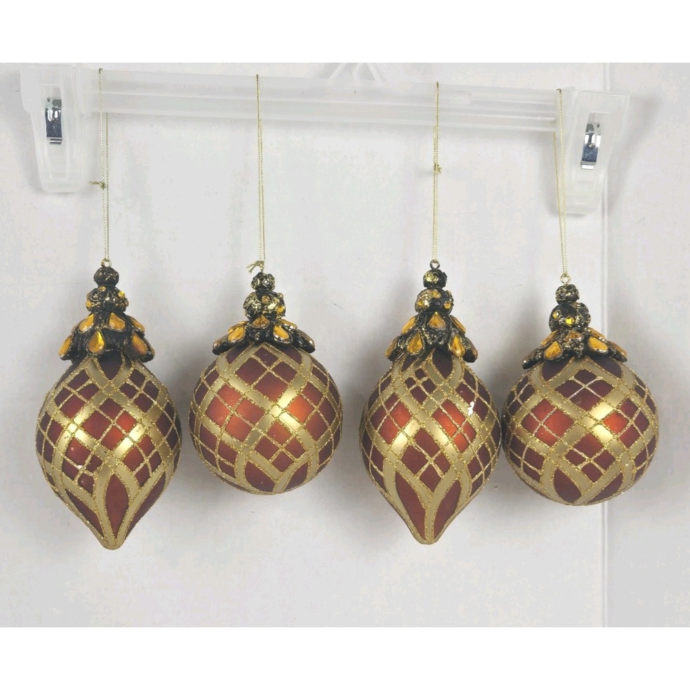 4 Vtg Jeweled Burgundy & Gold Lattice Blown Glass Christmas Ornaments Large VGC